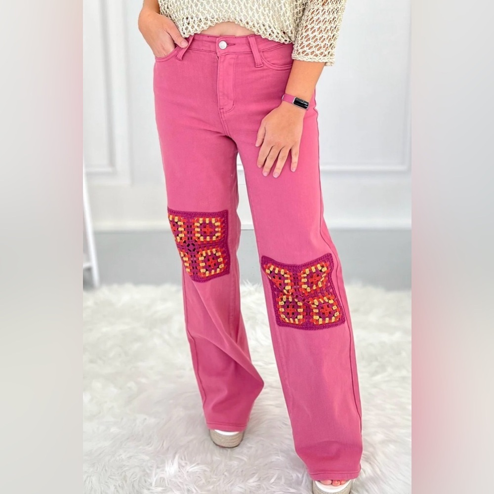 Judy Blue Pink Wide-Leg Jeans with Crochet Patches with all the stretch.